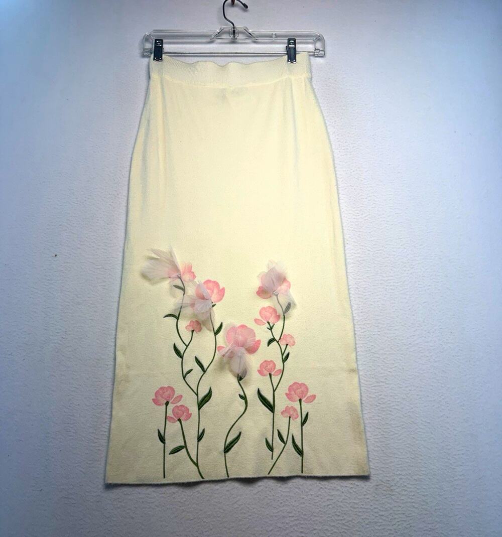 Orthwearth Women M Ivory Floral Knit Midi Pencil Skirt Beaded feminine romance